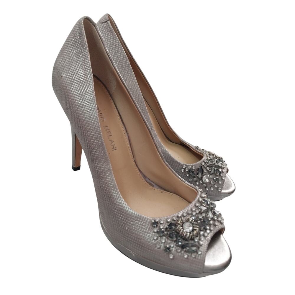 ANTONIO MELANI! SILVER TEXTURED FABRIC, ELABORATELY JEWELED PEEP TOE PUMPS! 8M